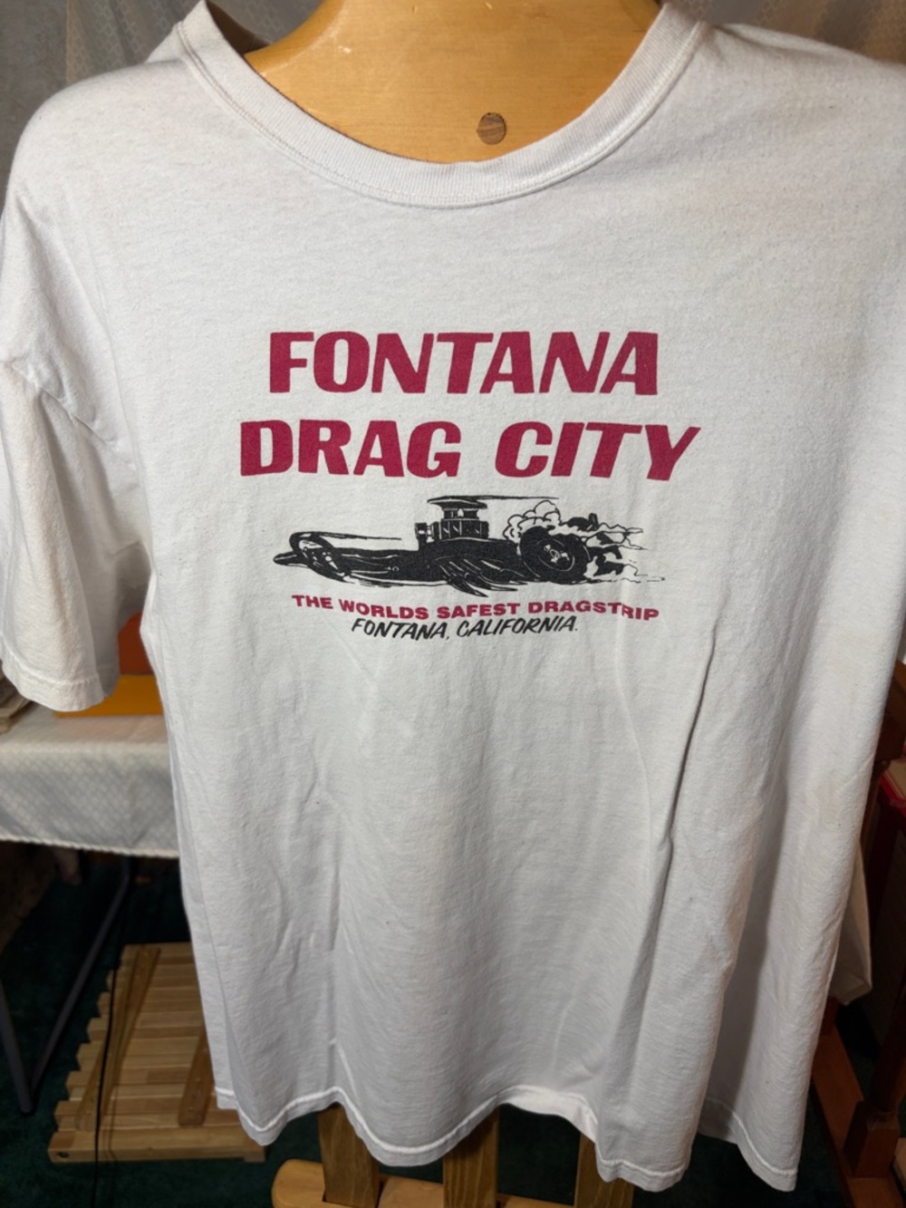 Hanes White Short Sleeve Tee with Burgundy Fontana Drag City Print